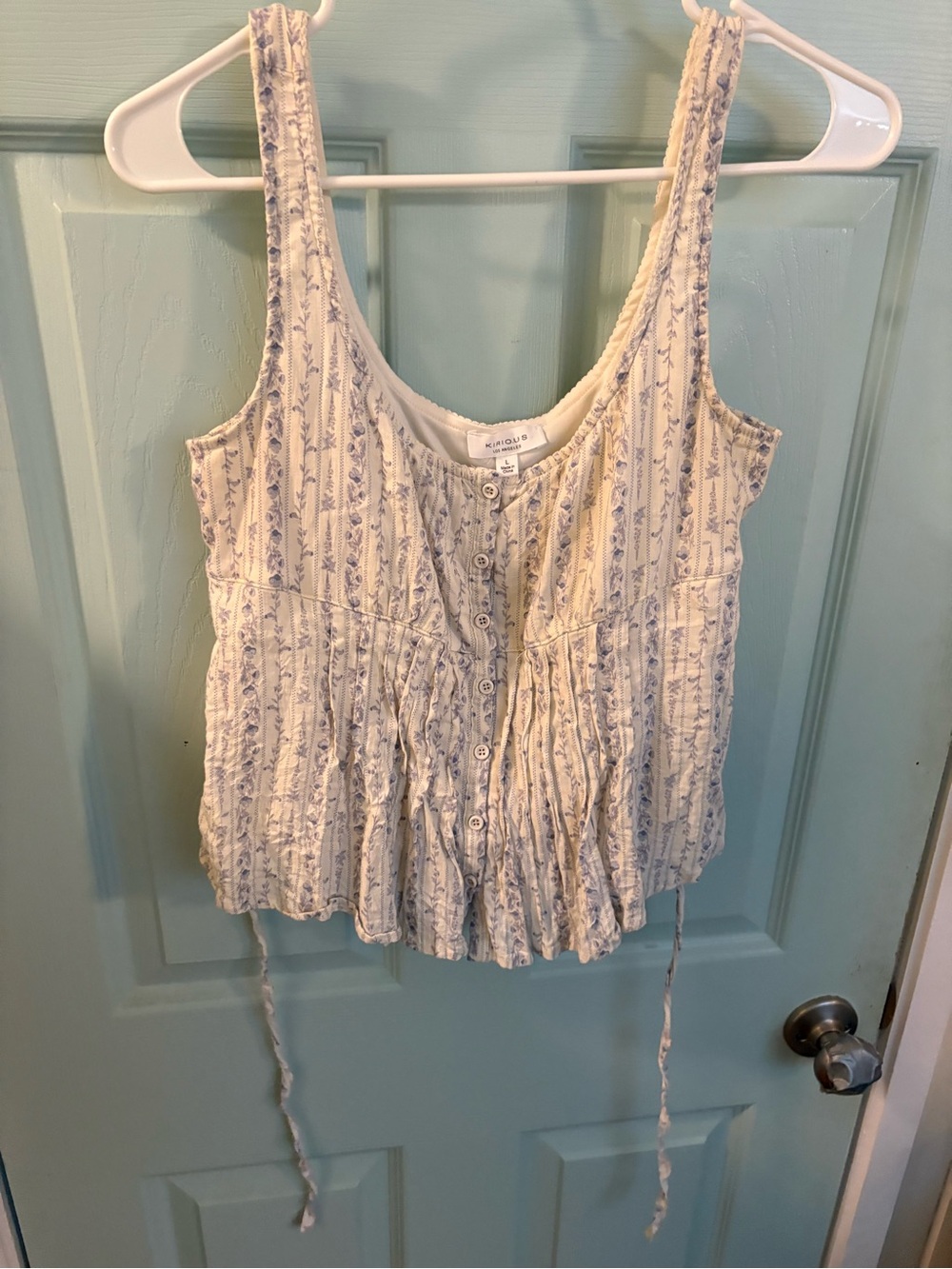 Romantic Button-Front Floral Camisole - Cream with Blue Print
